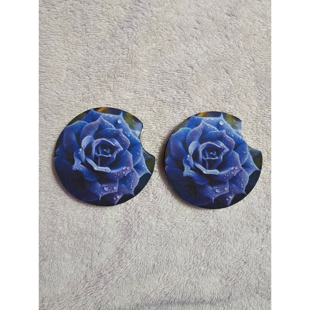 Blue‎ Rose Car Coasters - Absorbent Stone, Cup Holder Coasters, 2-Piece Set